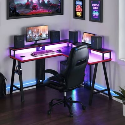 Gamer gear gaming l-shaped desk with led risers and power station