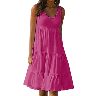 Jovati Woman Dress Hot Pink Fashion Holiday Summer Solid Color Sleeveless Party Beach Dress On Clearance