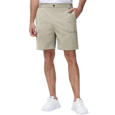 Pdbokew Men's Cargo Stretch Short 6 Pockets Include 2 Zipper Pocket Comfortable Elastic Waist Causal Work Shorts Golf Hiking Short Beige 34