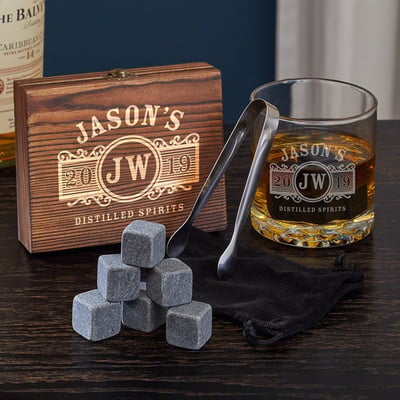 HomeWetBar Marquee Engraved Whiskey Chilling Stones and Rocks Glass Set