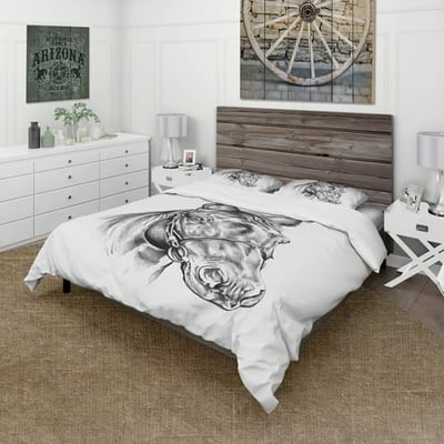 Designart Freehand Horse Head Pencil Drawing Animal Duvet Cover Set