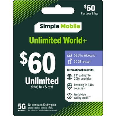 Simple Mobile $60 Unlimited World+ 30-Day Prepaid Plan + 30GB Mobile Hotspot 50GB Cloud Storage & International Calling Credit Direct Top Up
