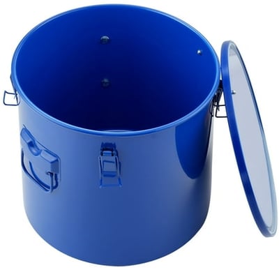 KFFKFF 8 Gallon Fryer Oil Disposal Caddy Durable Carbon Steel Grease Bucket with Anti-Rust Coating Secure Lid Clamps and Filter Bag for Safe Hot Cooking Oil Transport Blue