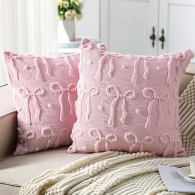 COOKCOK Bow Throw Pillow Covers 18x18 Set of 2 Decorative Pillow Covers Soft Plush Faux Wool Aesthetic Pillowcases Preppy Room Decor for Bed Sofa Couch Living Room, Pink