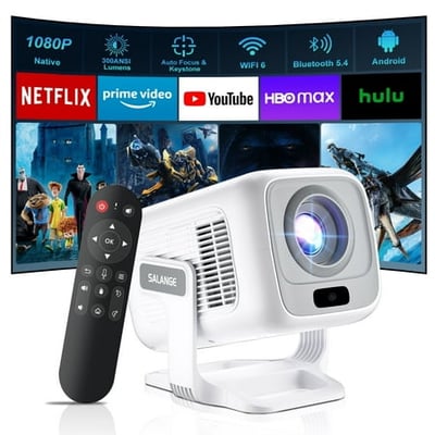 Smart Projector, Salange 1080P Mini Projector with WiFi and Bluetooth Support 4K, 90° Rotatable Portable Outdoor Movie Projector for Home Theater, Compatible with iPhone, Android, Laptop, PC, TV Stic