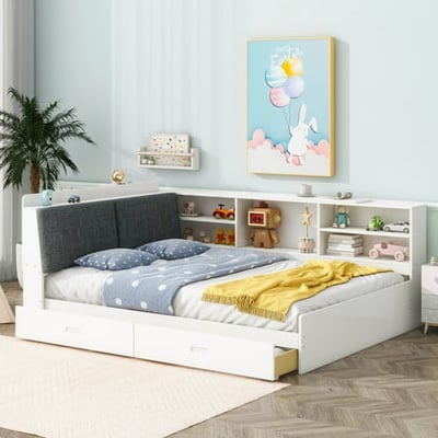Euroco Wood Full Size Platform Bed with Storage Headboard and Drawers  Movable Shelves  White