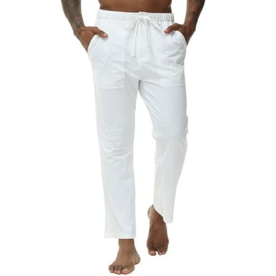 QPNGRP Men's Casual Pants Cotton Linen Loose Open Bottom Classic Relaxed Fit Running Trousers Pockets White L