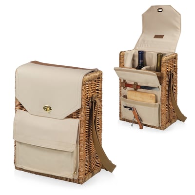 Picnic Time Corsica 2-Bottle Wine & Cheese Picnic Basket Tote Insulated Wicker Set for Outdoor & Romantic Gifts Beige Canvas