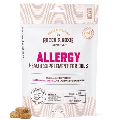 Rocco & Roxie Dog Allergy Relief Chews with Omega 3 for Dogs Probiotics for Itching Skin Stop Paw Licking Fish Oil Skin and Coat Supplement Anti-Itch Pet Itchy Allergies and Immune Support 60ct