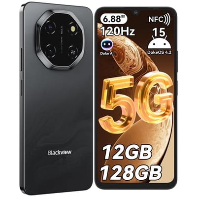 Blackview Shark 6 Unlocked Phones, 5G T-Mobile Phones, 6.88" 120Hz 12GB+128GB/2TB, Android 15 Phone 16MP+8MP AI Camera 5000mAh/18W Cell Phone, Fingerprint/Eye Comfort Celulares GPS/OTG/NFC Black