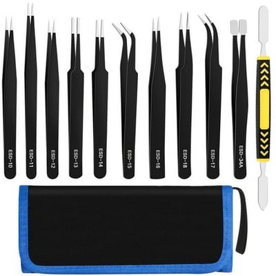 LUIISIS 12 Pcs Precision Tweezers Set, Premium Craft Tweezers Kit, Stainless Steel Electronic ESD Tweezers, Anti Static Industrial Soldering Tweezers, with Tweezer Storage Bag
