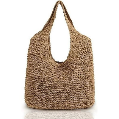 Zendure Hand-woven Soft Large Straw Shoulder Bag Boho Straw Handle Tote Retro Summer Beach Bag Rattan Handbag (Khaki)