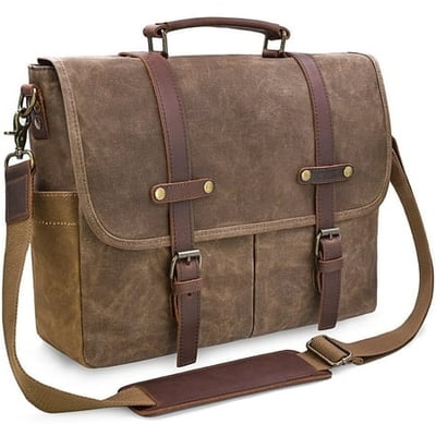 Mens Messenger Bag 15.6 Inch Waterproof Vintage Genuine Leather Waxed Canvas Briefcase Large Leather Computer Laptop Bag Rugged Satchel Shoulder Bag,Coffee