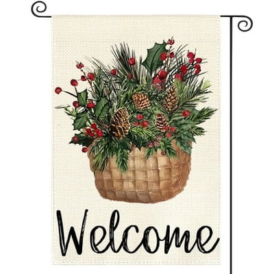 Sm:)e Welcome Holly Red Berries Garden Flag 12x18 Inch Double Sided Outside, Winter Christmas Farmhouse Yard Outdoor Decorative Flag