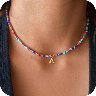 Turandoss Colorful Beaded Initial Choker Necklace for Women Girls Letter A-Z Cute Jewelry Trendy Personalized Birthday Valentines Day Gifts for Her Kids Women Teen Girl