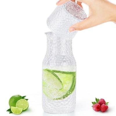 WhiteRhino 17oz Glass Bedside Water Carafe with 7oz Cup Set,Clear Glass Pitcher with Lid Nightstand for Bedroom Juice, Milk,Cold Brew,Beverage