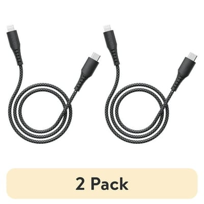 . (2 pack) onn 6ft Lightning to USB-C Soft-touch Braided Charging Cable MFi Certified Fast Charging Black