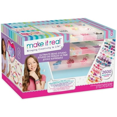 Make It Real LLC Make It Real: Ultimate Bead Studio - 2600 Pieces Includes Beads Cord & Jump Rings Organizer With 3 Trays Bead Storage Jewelry Kit Make Bracelets Necklaces & More Kids Ages 8+