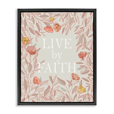 Stupell Industries Live By Faith Rosy Florals Black Framed Floater Canvas Wall Art design by Kelley Talent
