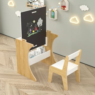 Mintazer Kids Activity Table and Chair Set with Storage Rack Wooden Study Table with Convertible Tabletop Blackboard for Study Drawing and Play White