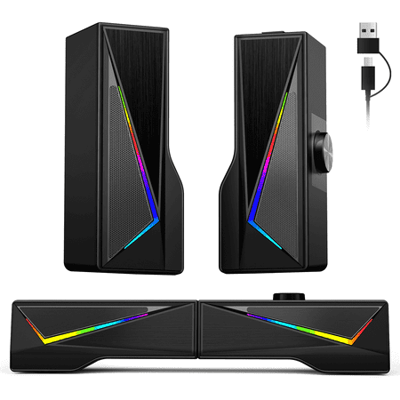 AYEDLOE Computer Speakers with 2.0 Channel Stereo, Gaming Speakers with 6 Colorful LED Modes, USB C/USB Speakers for PC, Desktop, Laptop, Cellphone, Monitor, Black, New