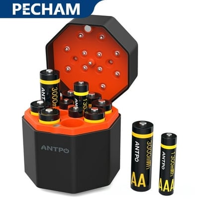 Pecham 12 Pack Rechargeable AA & AAA Batteries with Fast Charger, 3000mWh 8 AA & 1300mWh 4 AAA Batteries, 1.5V Rechargeable Li-ion Batteries with 2000+ Cycle Times for Camera, RC Toys