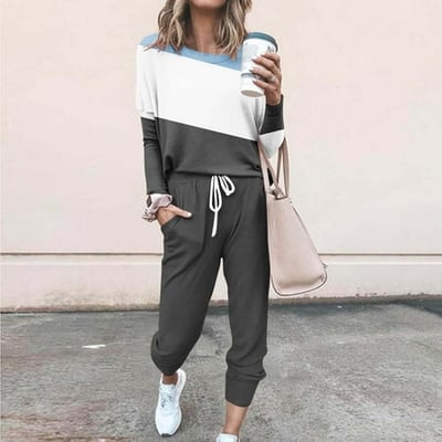 Sweatsuits 2pcs Sets Womens Jogger Set Long Sleeved Color Blocking Leisure Fashion Loose Round neck Two Piece Sweatpants Joggers Gray Size L