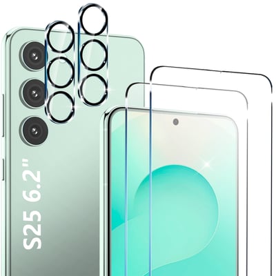 2 Pack Glass Screen Protector for Samsung Galaxy S25 [6.2 inch] + 2 Pack Camera Lens Protector, 9H Tempered Glass, Fingerprint Unlock, HD Clear Case Friendly Anti-Scratch