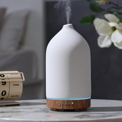 200ml Ceramic Essential Oil Diffuser, Ultrasonic Aromatherapy Humidifier with 7-Color LED Lights, Auto Shut-Off & Timer, Wood Grain Base for Home, Office, Yoga