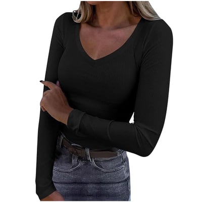 Aobny Women's Leisure T-Shirt Basic Work Black Tops V-Neck Ribbed Long Sleeve Blouses for Junior