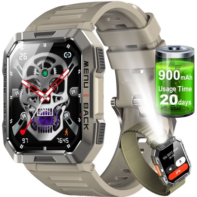 Blackview Military Smart Watches for Men, Bluetooth Call Receive Dial, 2.01" Rugged Outdoor Tactical Sports Smartwatch for iPhone/Android, W60 Waterproof Smart Watch, Khaki