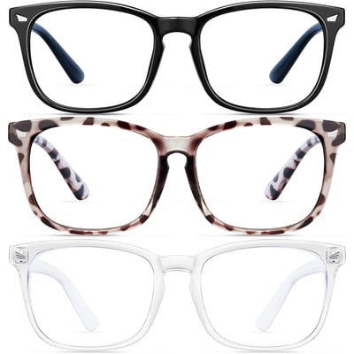 Blue Light Blocking Glasses - 3 Pack Fashion Square Fake Eyeglasses,Anti UV Ray Computer Gaming Glasses,Blue Blockers Glasses for Women/Men,Matte Black+Leopard+Transparent