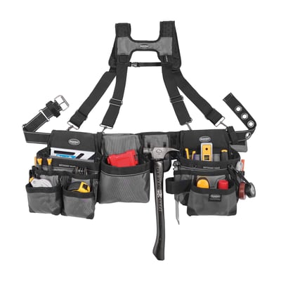 Bucket Boss Mullet Buster 3 Tool Bag Tool Belt with Suspenders, in Grey, 55135