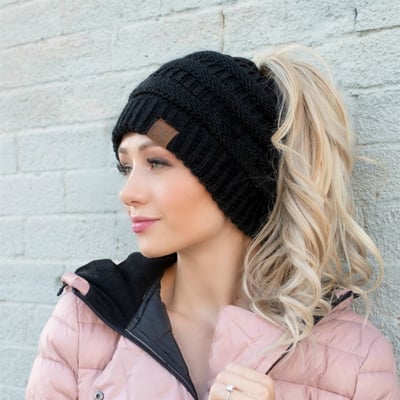 C.C Messy Bun Ponytail Hat Knit Beanie Cozy Winter Cap for Women, Black