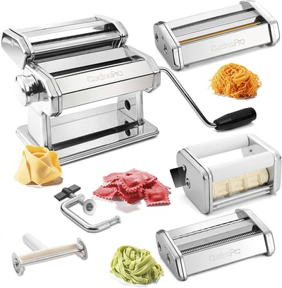 Cucina Pro Pasta Maker Deluxe Set 5 pc Premium Stainless Steel Machine w Spaghetti Fettuccini Roller Angel Hair Ravioli Noodle Lasagnette Cutter Attachments- Italian Dinner Party Cooking Gift