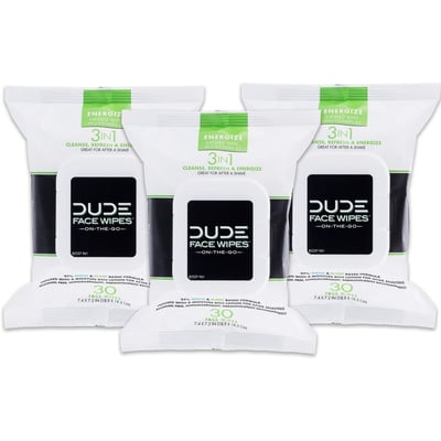 DUDE Wipes 3-Pack – Energizing Face & Body Cleansing Wipes