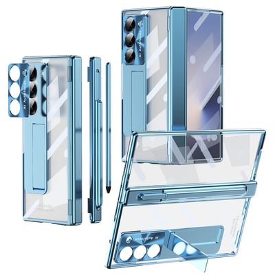 Dteck for Samsung Galaxy Z Fold6 Case with Slim Pen, Fold 6 Pen with S Pen Holder + Camera Lens Film + Front Screen Protector + Kickstand, Luxury Crystal Clear Case for Galaxy Z Fold6 5G 2024, Blue