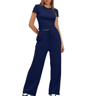 fheaev Two Piece Sets for Women Sweatsuit Sets Slim Sweatshirt Fashion Pullover Short Sleeve Top Sweatpants with Pockets 2 Piece Outfits Jogging Suits