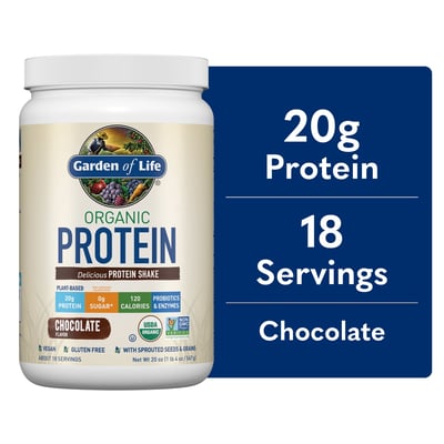Garden of Life Organic Plant-Based Protein Powder, Chocolate, 20g Protein Shake Drink, Vegan, Probiotics, Digestive Enzymes, 20oz​
