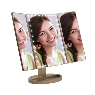 Dimmable LED Trifold Makeup Mirror with 180° Tilt - Gold
