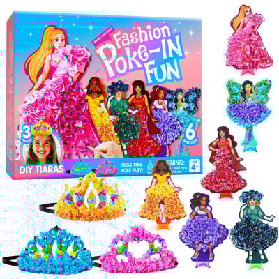 Klever Kits Poke in Fun Art Craft Kits for Girls Ages 4-8, Princess Dress-up Fashion Design Craft Kit, No-mess Art Activities, Birthday Gifts for Kids