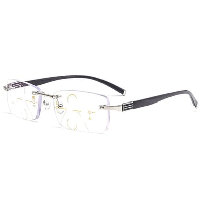 Mens Rimless Progressive Reading Glasses 1.00 Multifocus Blue Light Blocking Business Silver Rectangular Readers +1.00 Strength