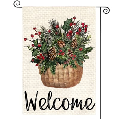 Sm:)e Welcome Holly Red Berries Garden Flag 12x18 Inch Double Sided Outside, Winter Christmas Farmhouse Yard Outdoor Decorative Flag