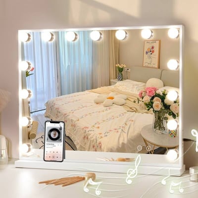 Large Hollywood Vanity Makeup Mirror with 15 LED Bulbs & Bluetooth