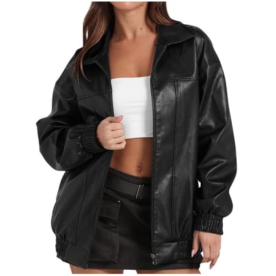 jtjvou Leather Jacket Women Faux Oversized Motorcycle Coats 2025 Fall Fashion Outfits Winter Clothes Black S