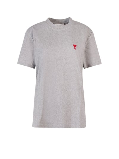 Ami Paris Embroidered Logo Mens Cotton T-Shirt in Grey