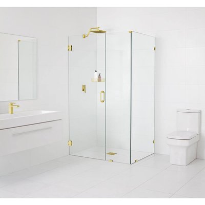 Glass Warehouse 40 in. W x 48.5 in. D x 78 in. H Pivot Frameless Corner Shower Enclosure in Brass Finish with Clear Glass