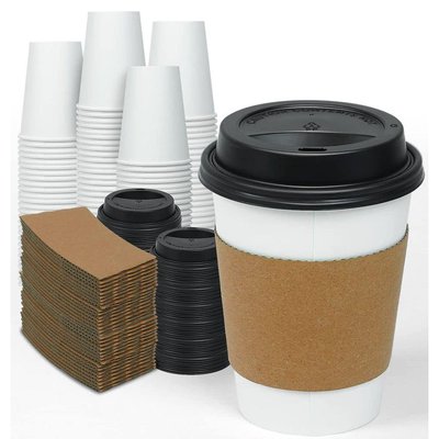 Wudkey 12 oz. Disposable Thickened Paper Coffee Cups with Lids and Sleeves for Cocoa and Coffee (100-Pack)