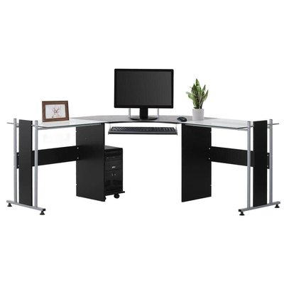 HOMCOM 68.9 in. Black Wooden L-Shaped Computer Desk with Slide-Out Keyword Tray