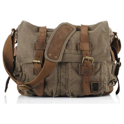 Lukyamzn Vintage Military Leather Canvas Messenger Laptop Bag Medium with Flap Closure and Retro Design in Brown
